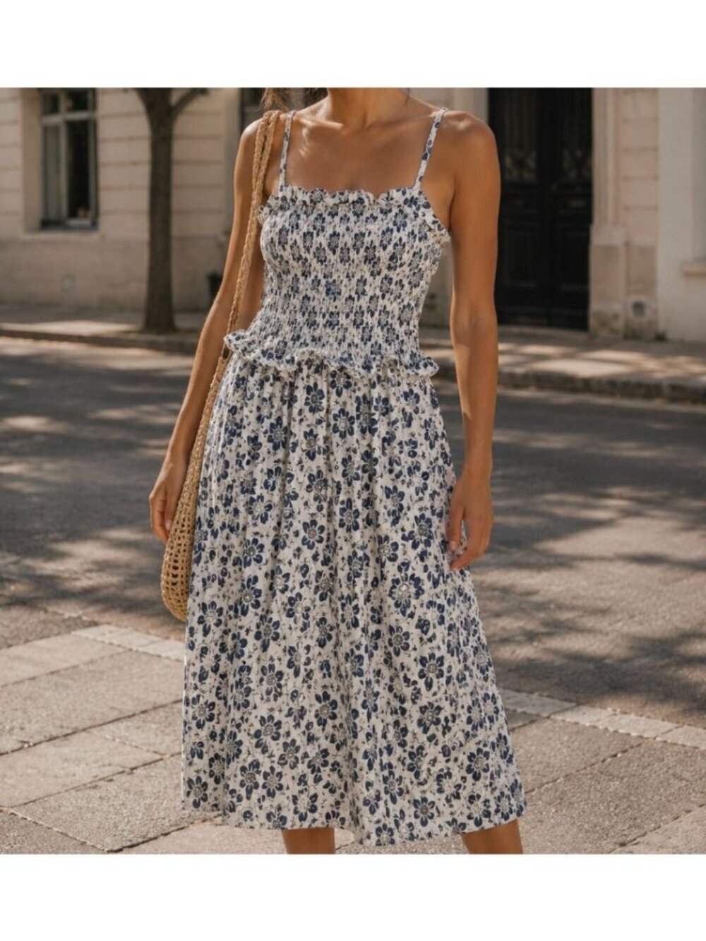Polo Ralph Lauren Blue Floral Smocked Waist Tufted Midi Dress Size M